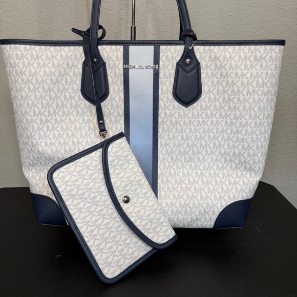 Michael Kors Eva MK Signature PVC Ombre Blue Multi Large Tote with Pouch NICE!! - Picture 2 of 15